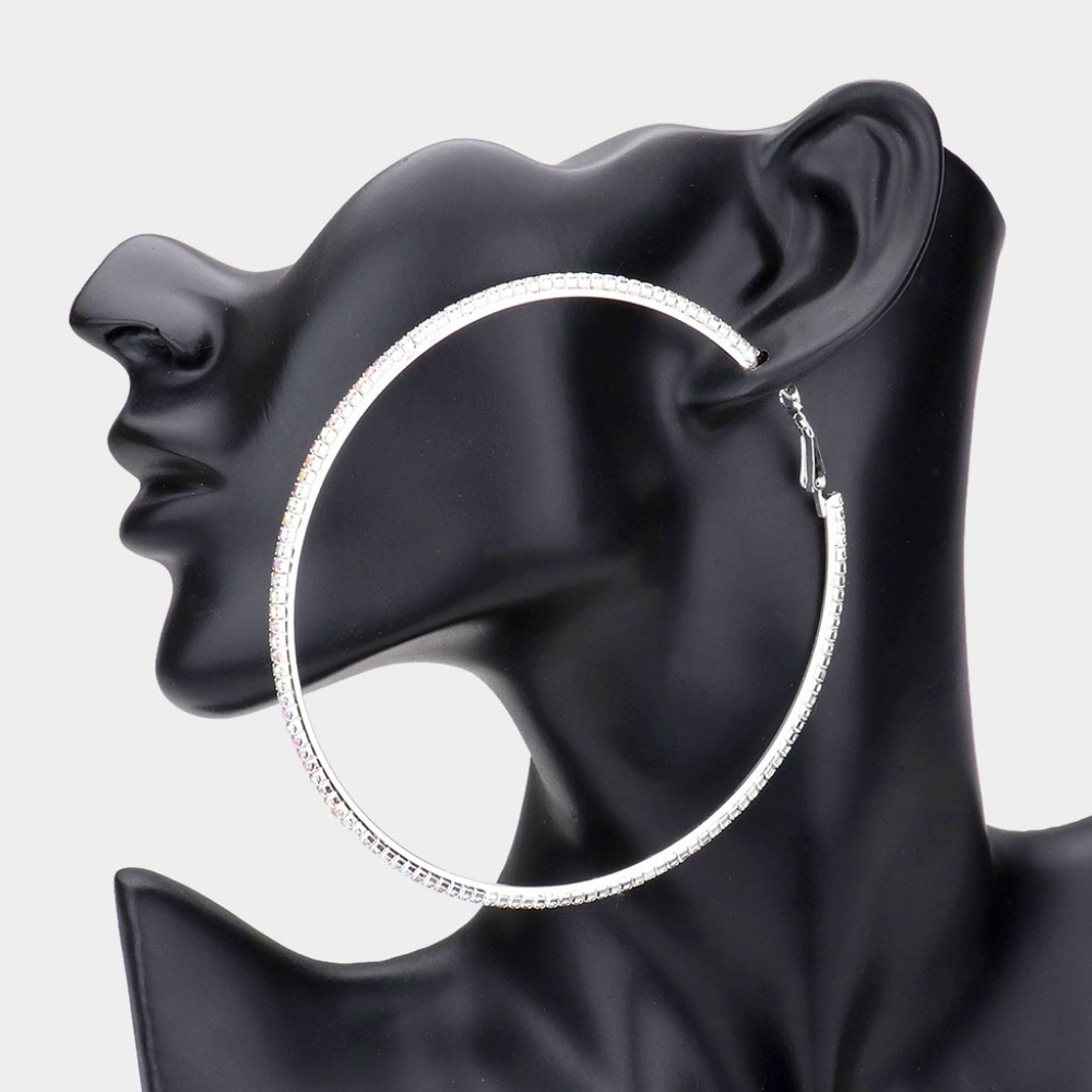 Silver Abalone Rhinestone Crystal 3.75 Round Hoop Style Earrings Fashion Jewelry